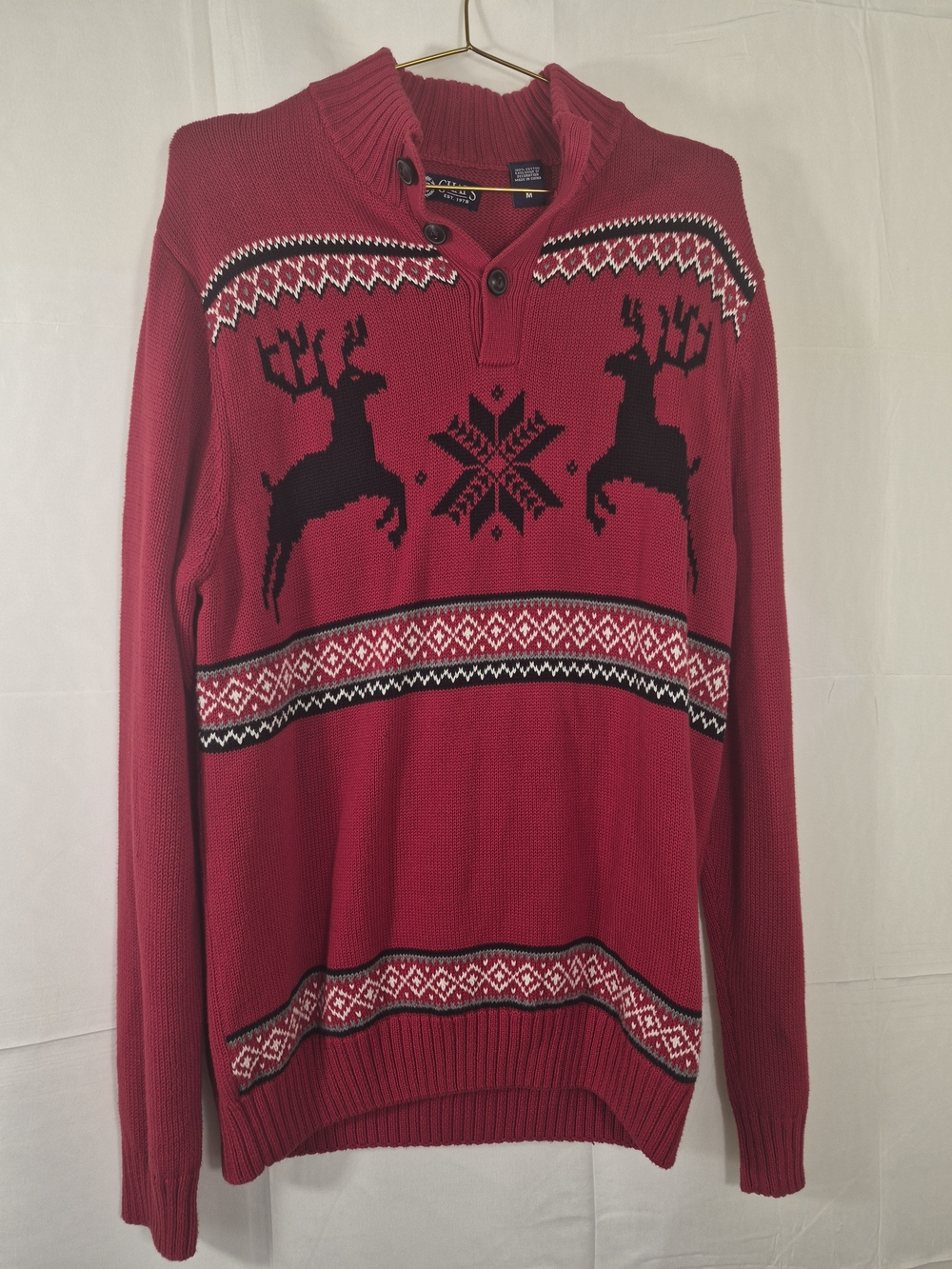 Chaps Red V-Neck Holiday Reindeer Knit Sweater - Men's